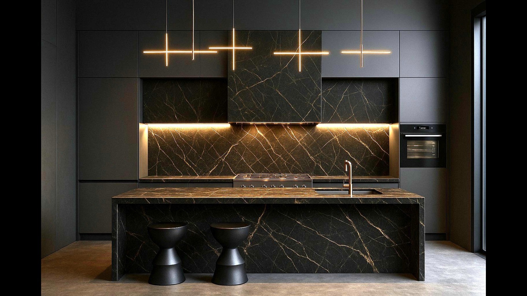 Luxury interior renovation featuring a custom kitchen with a marble waterfall island.